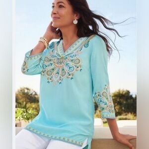 Soft Surroundings River Island Light Blue Embroidered Tunic Large